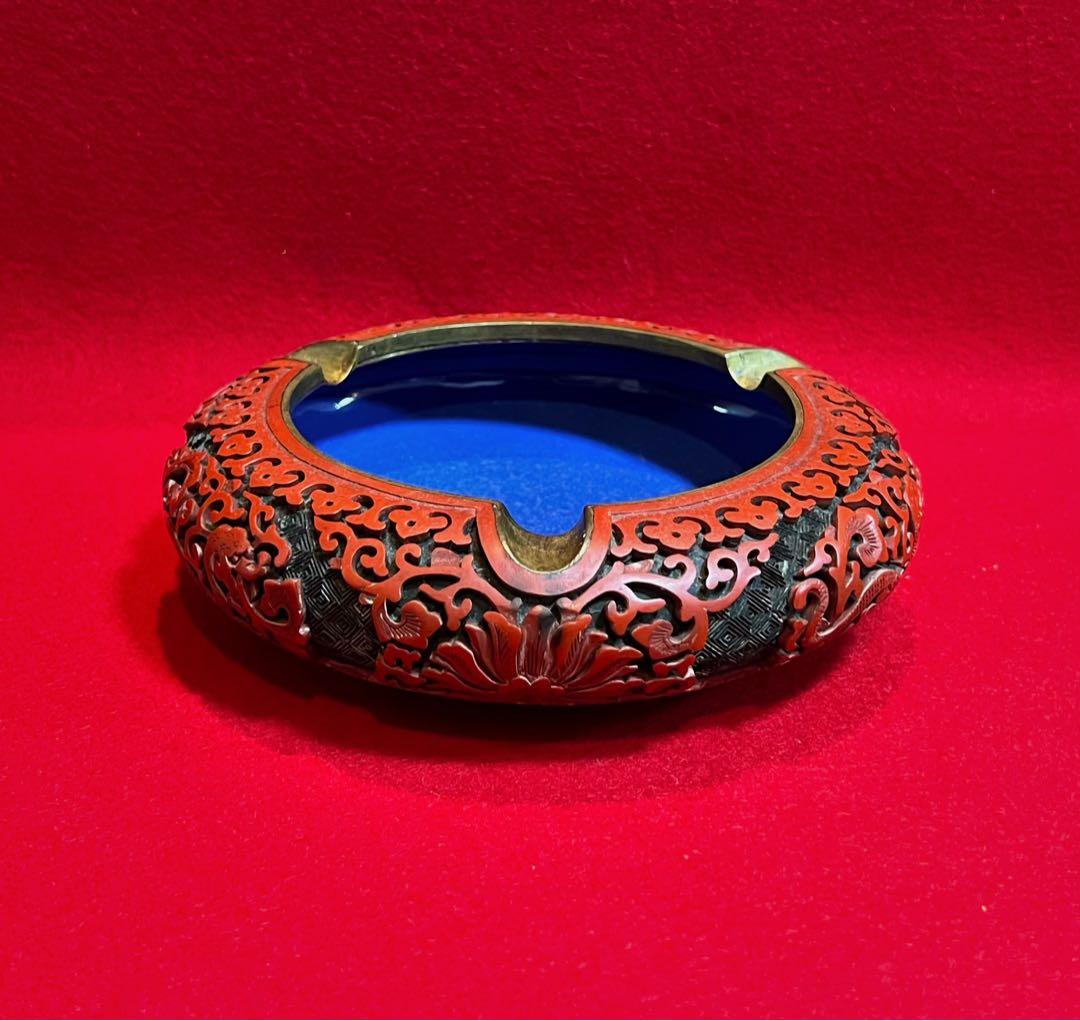 中国美術 古玩 堆朱 剔紅 漆彫 龍紋樣 寶相花紋樣 煙皿 置物