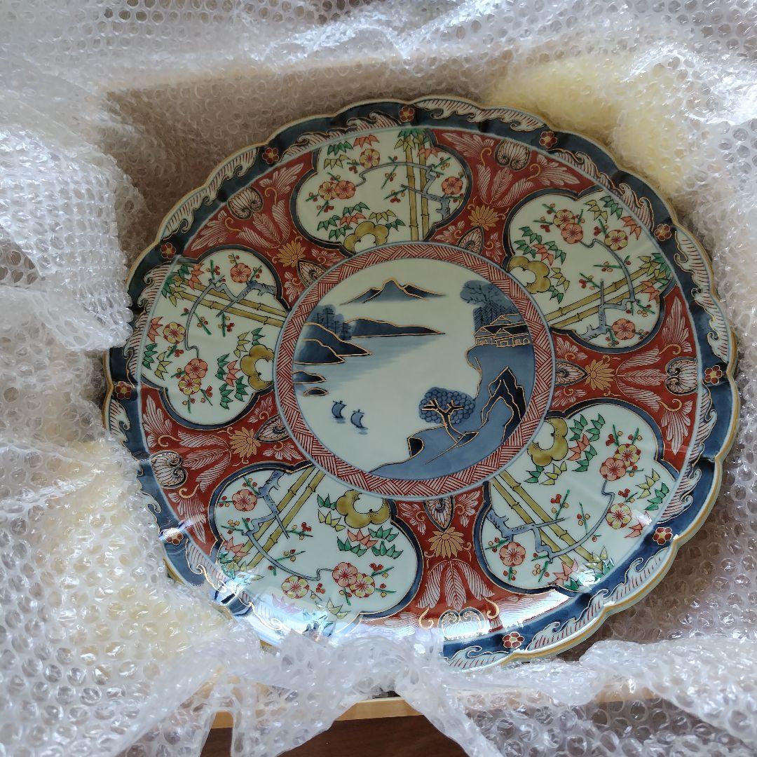 肥前の器青赤花柄波型皿