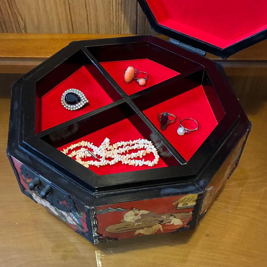 ヴィンテージ 中国　宝石箱　ジュエリーボックス　八角形　レア　赤