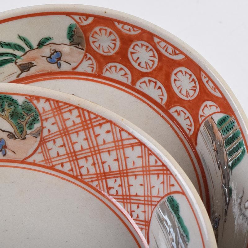 萬古焼　陶華園造　色絵　窓絵　山水人物花文　小皿　十客　共箱　M　R8897