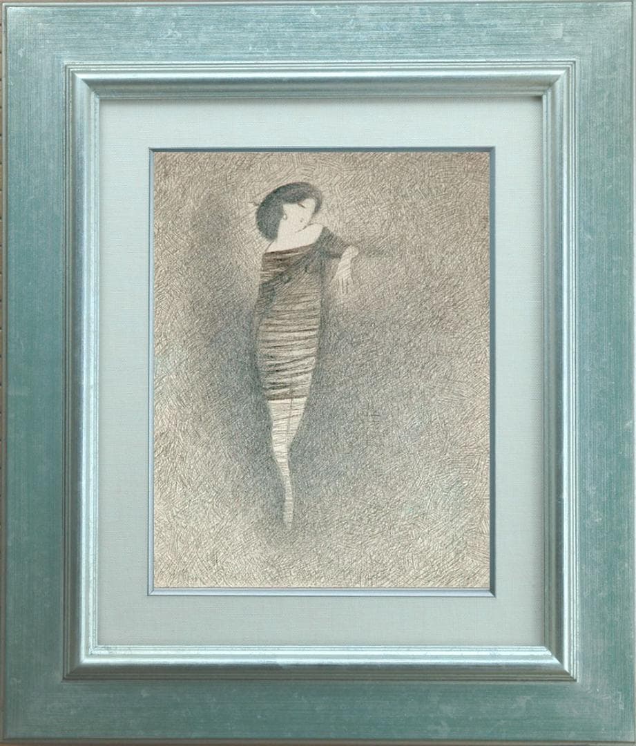 油絵 菅家令子 絵 絵画インテリア額付(青緑＋金色の枠) F3-010111女性