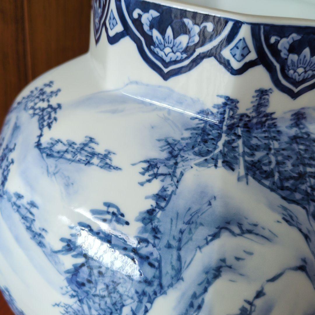TKです。有田焼 神右衛門　染付山水図 　染付細密絵図花瓶 飾壺 古美術