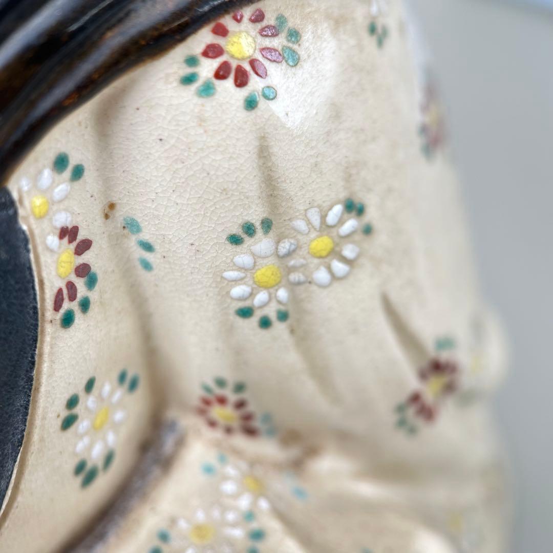 【平安竹泉】作 菊花仙俵着彩八十翁福禄寿 陶像 七福神 縁起物 昭和レトロ 置物