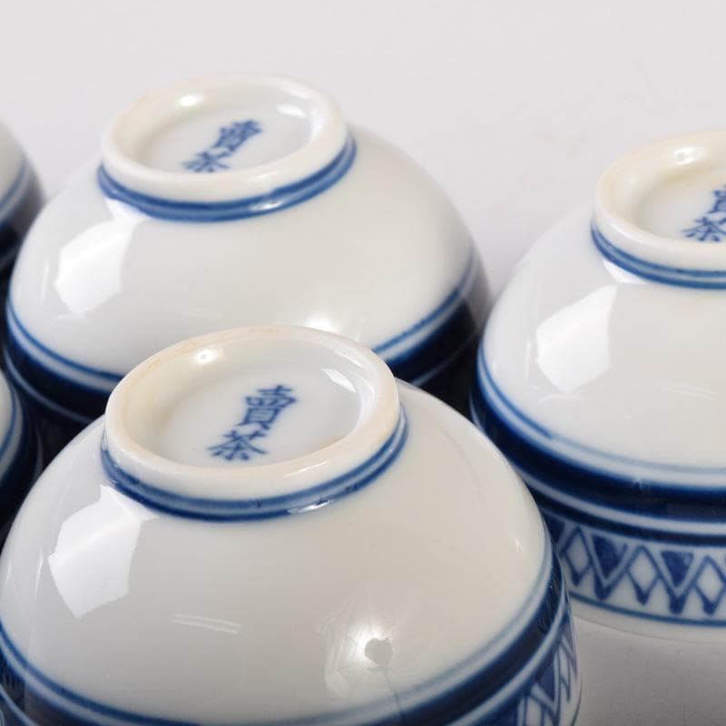 煎茶道具　賣茶好　染付　雁木文　茶碗　五客　共箱　V　7899