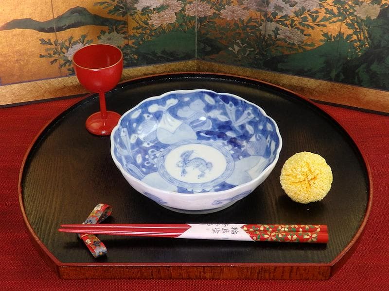 古伊万里　染付　巾着に宝尽くし　麒麟の図　膾皿　５客　129AS-CVv