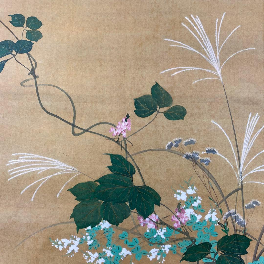 美品 掛け軸 酒井抱一筆「七草図」印刷 解説付き 秋掛け おもてなし