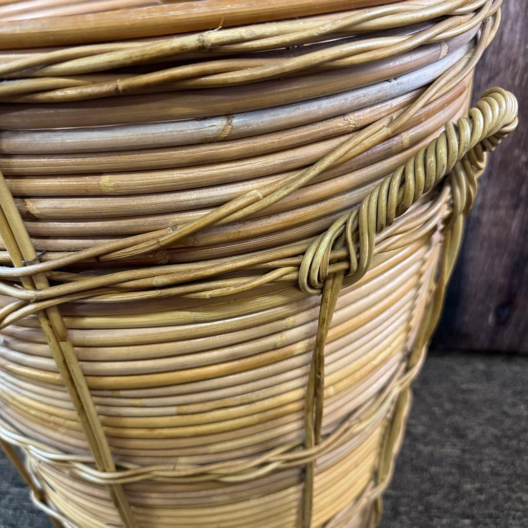ラタン ランドリー ラタン製 筒型バスケット アンティーク 古民具 かご 蓋付き