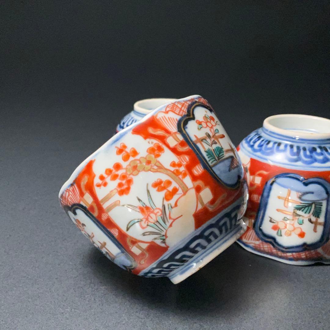 伊万里色絵窓絵花図向付3個　赤絵　通り文　古伊万里　R1373B2