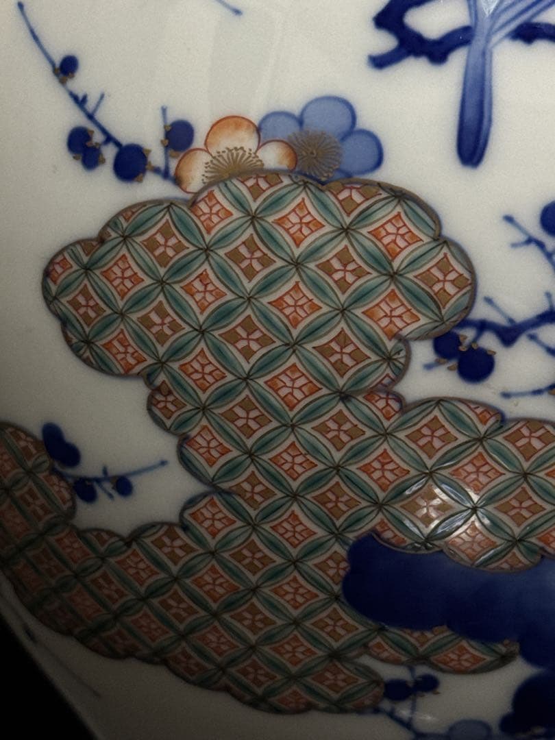 希少 オールド香蘭社 染錦 手描 華鳥七宝紋雲図 花瓶 花生 壷