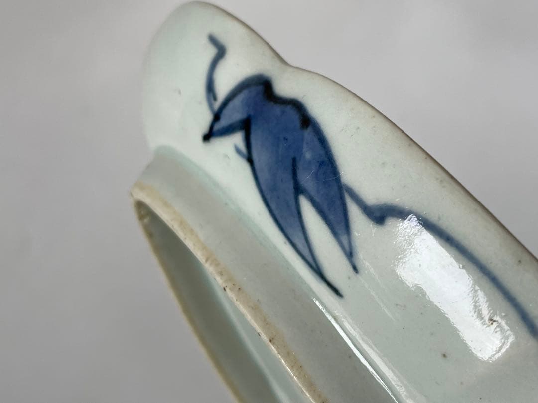 骨董　アンティーク　色絵古九谷　古伊万里　染付　赤絵　海老文様　変形皿　木瓜皿