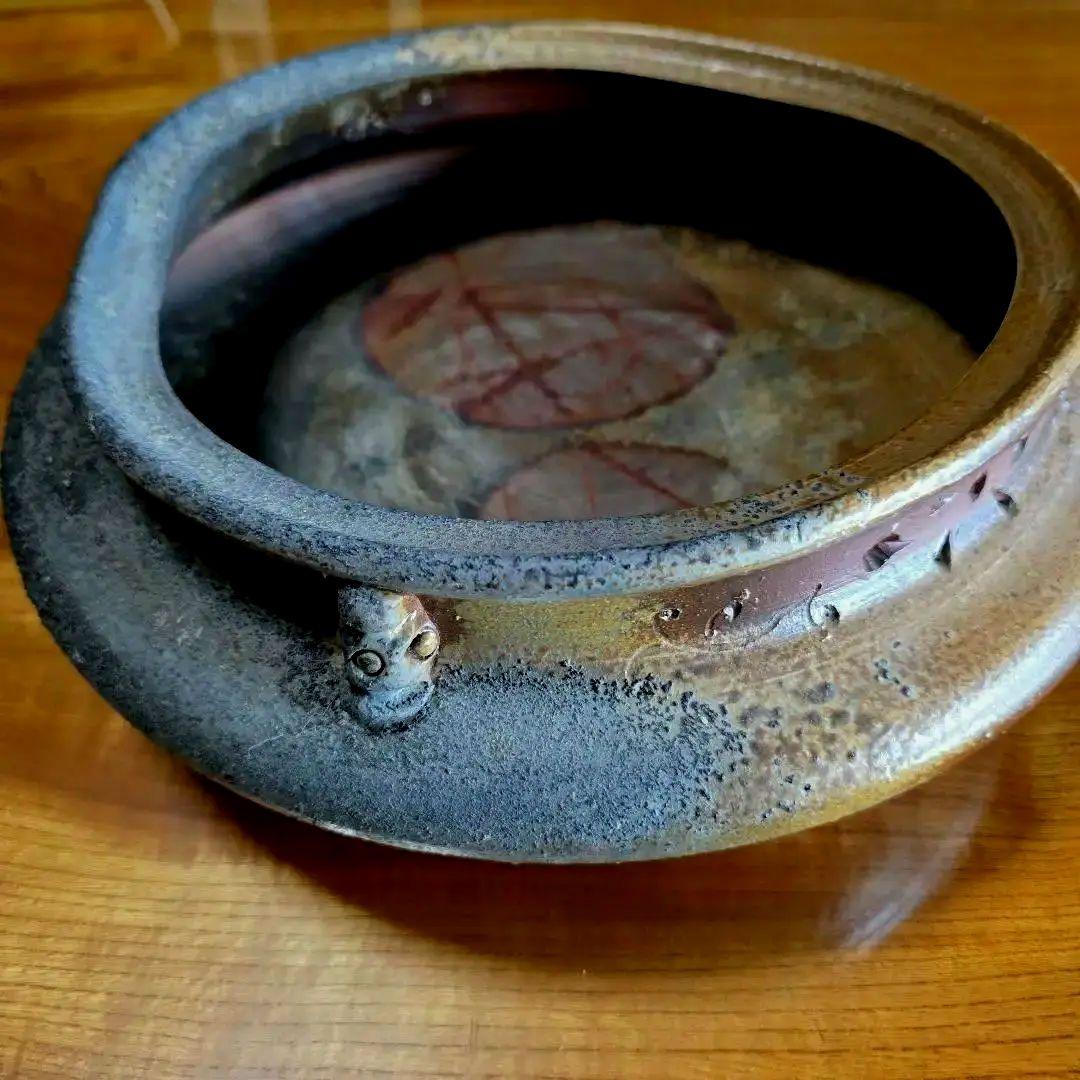 備前焼　藤原陶臣作　三点猫足/三つ足付　水盤　花器　花生