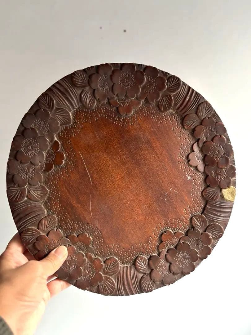 754 ヴィンテージ 軽井沢彫 桜彫 丸盆 大阪屋家具店 金継ぎ 民芸 工芸