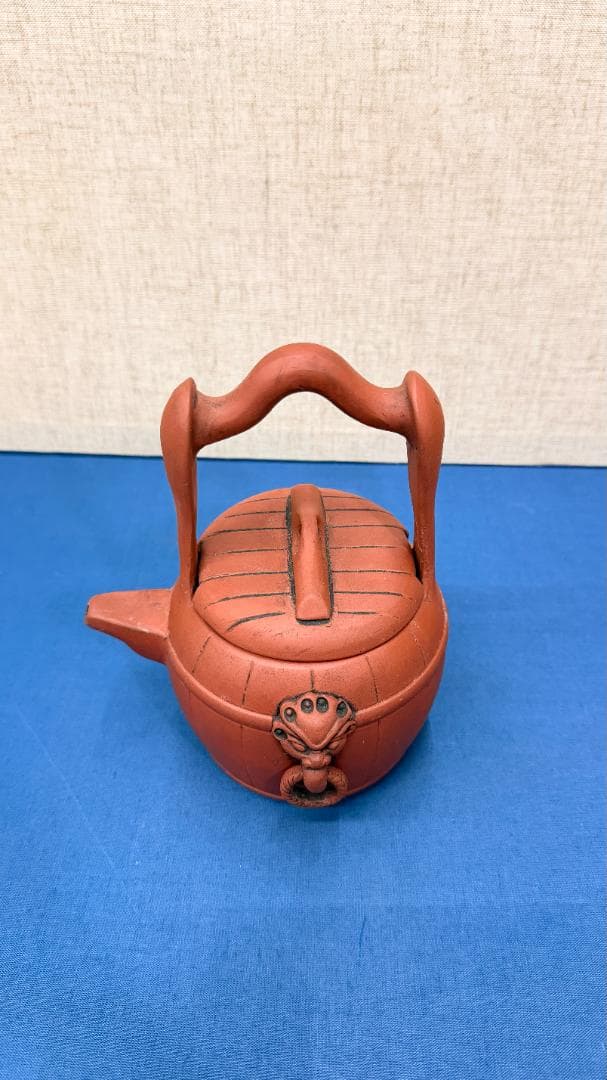 【在銘】紫砂 提梁壺｜獅子面環装・古作風合｜一点物 幅約12・高さ約17