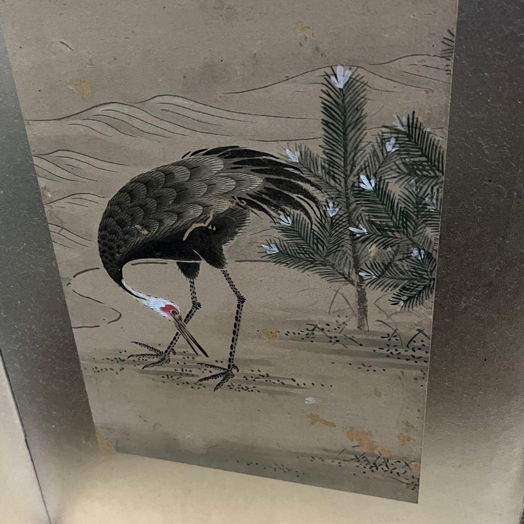 小型屏風/鶴と松/手描き屏風/6曲1双