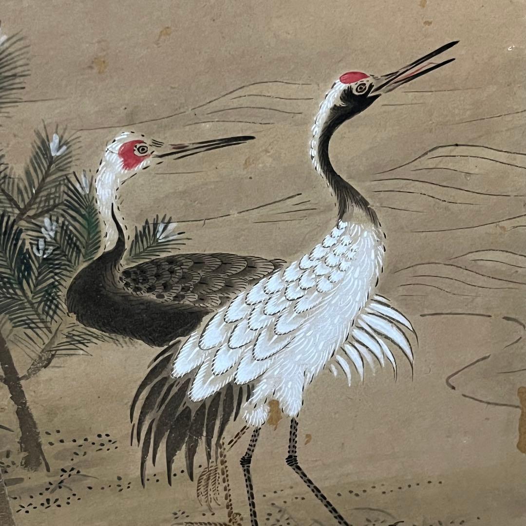 小型屏風/鶴と松/手描き屏風/6曲1双