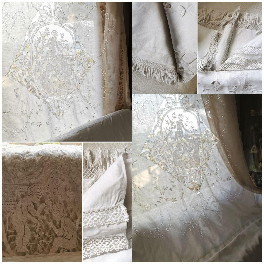 アンティークフランス 天使のフィレレース アイレット草花刺繍タッセル付大判クロス