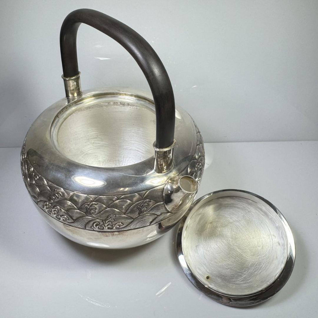 純銀製 東山造 紋波 湯沸 貴石摘 木取手 煎茶道具 古美術品 銀瓶 純銀保証