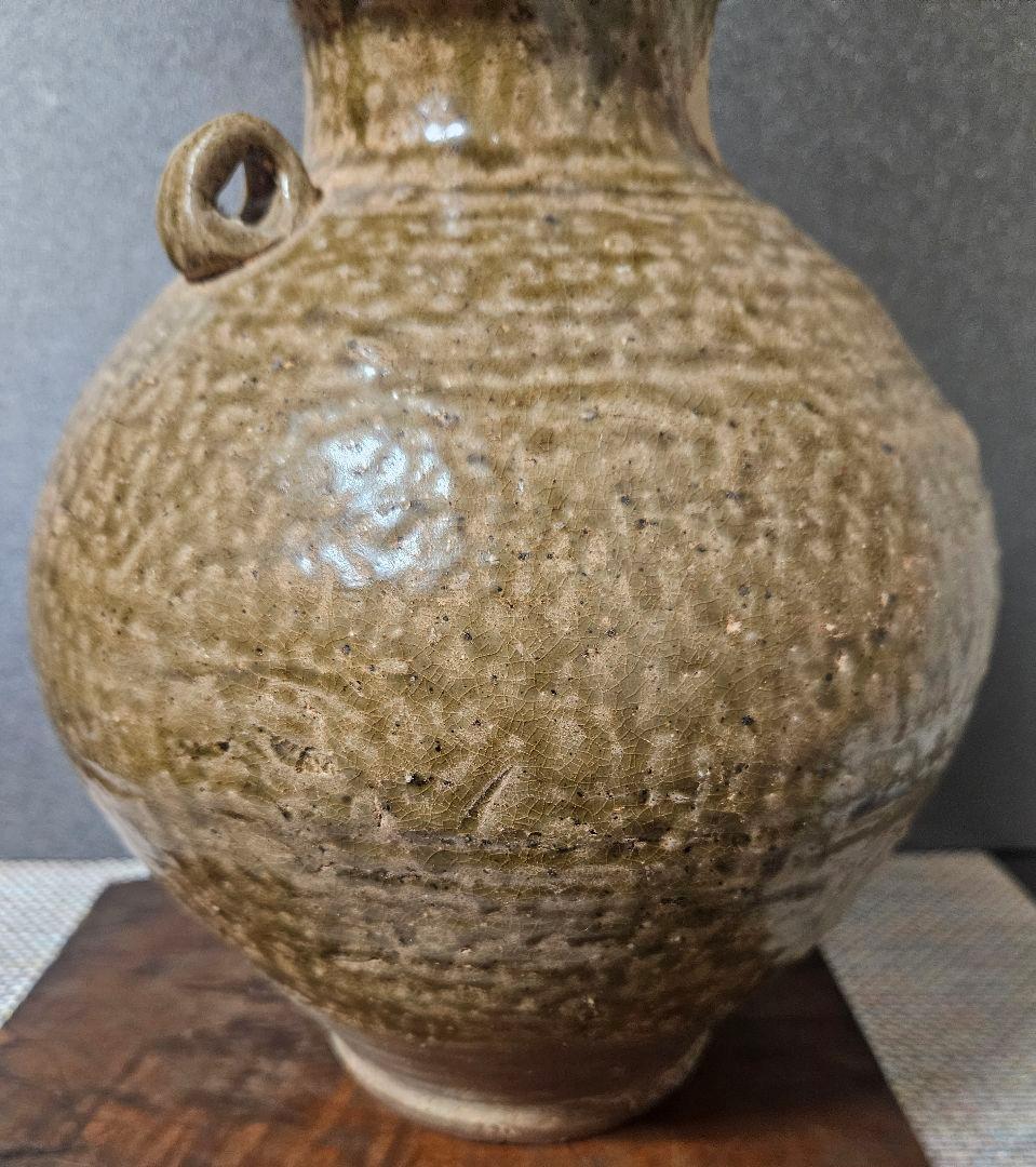 中国古陶磁器　古代中国陶器　中国古代壺 越州窯青磁　双耳大壺　高　約27.1cm