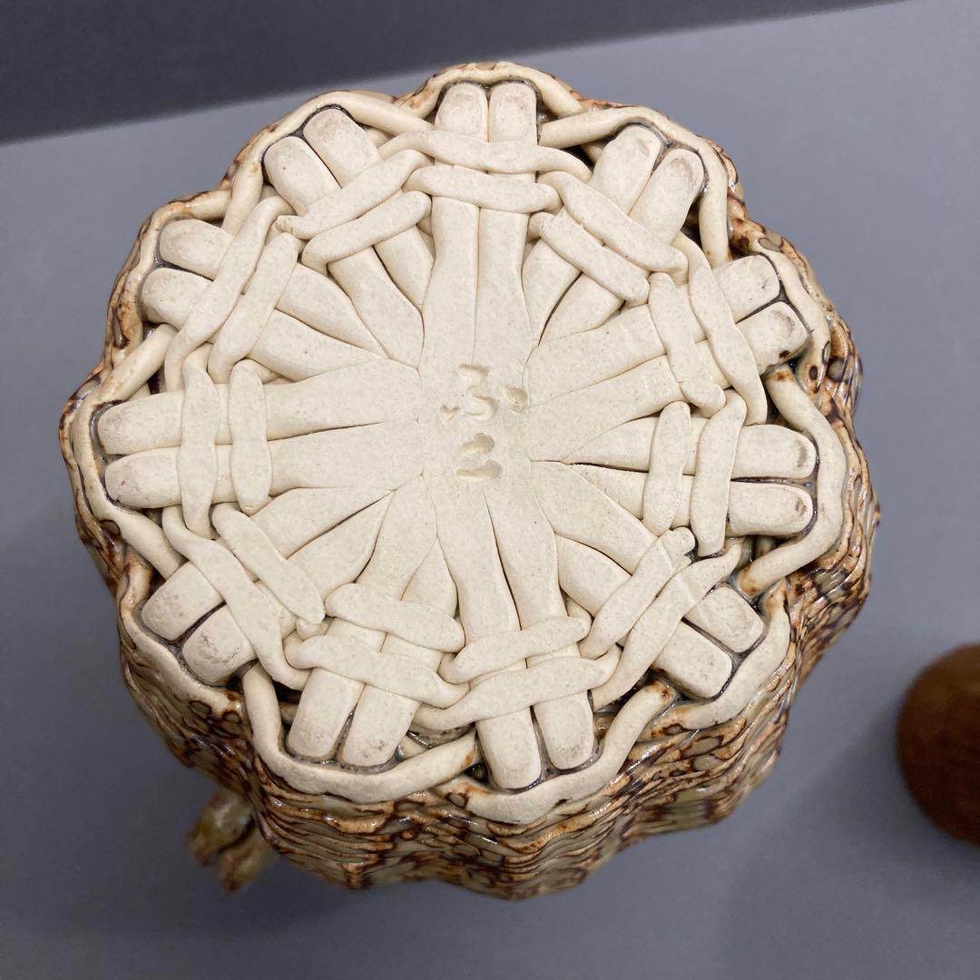 骨董品　華道道具　陶器　籠花入(そっくり)、ふこ山人　造　共箱　S1031KH