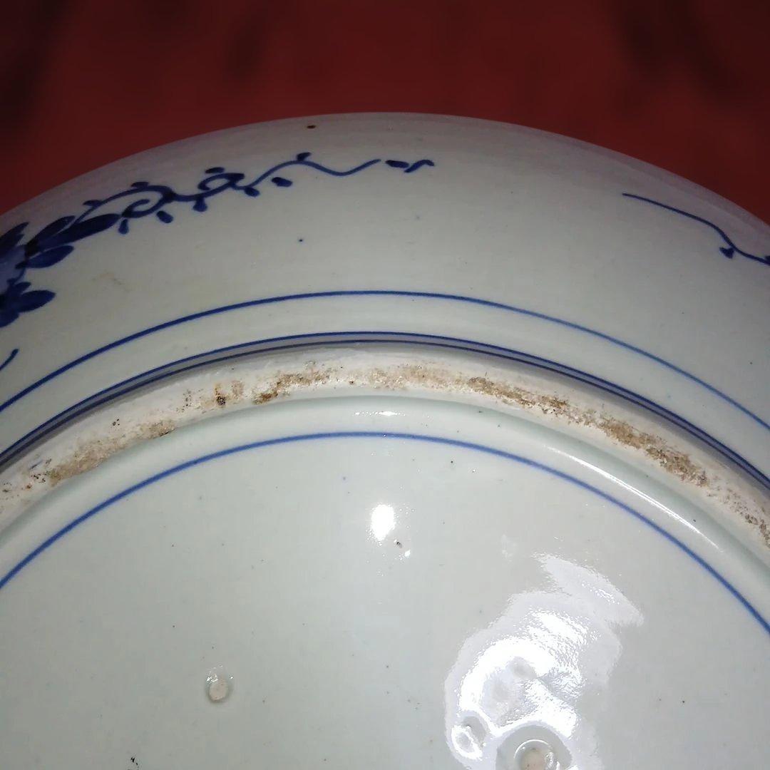 骨董大皿、サイズ46センチ青い花と鳥の陶器プレート