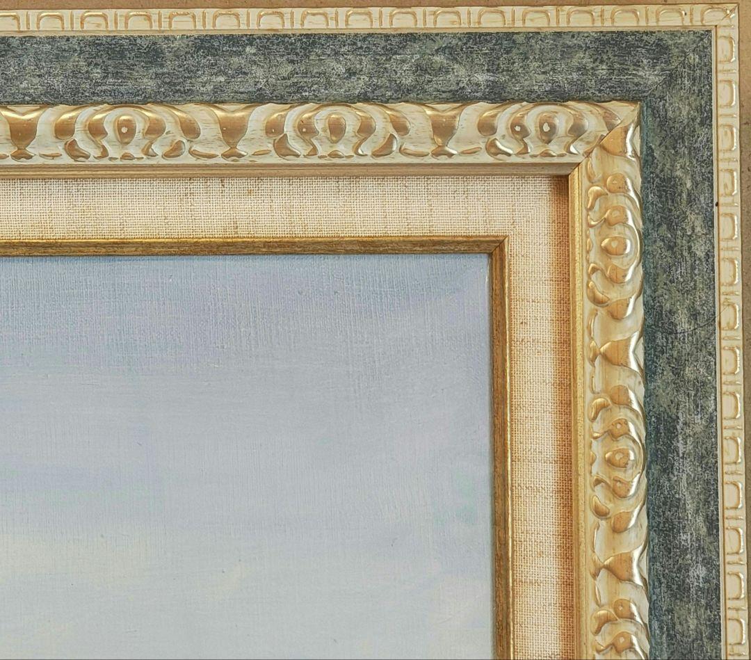 【送料込】F30号 大型 油彩額縁 アクリル板 風景画付 空色と銀系 107cm