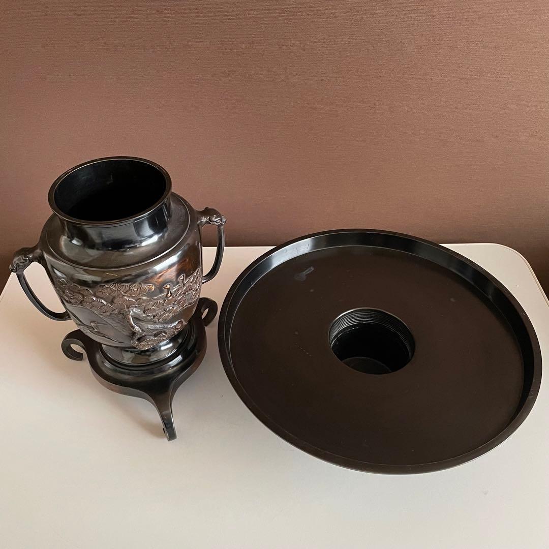 銅花器 薄端 松と鶴 在銘 銅花器 唐銅 茶道具華道具 重さ5.45kg  03